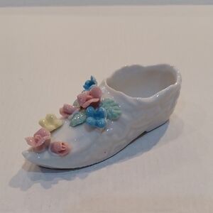 Vintage Ardalt Floral Porcelain Shoe Figurine Pin Cushion w/ 3D Roses